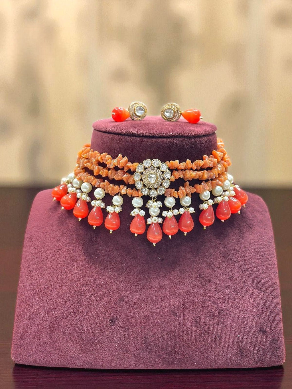 Handcrafted Coral Beaded Choker Necklace Set with Matching Earrings | Indian Jewellery | Pearls & Kundan Jewellery Indian Neckles Set