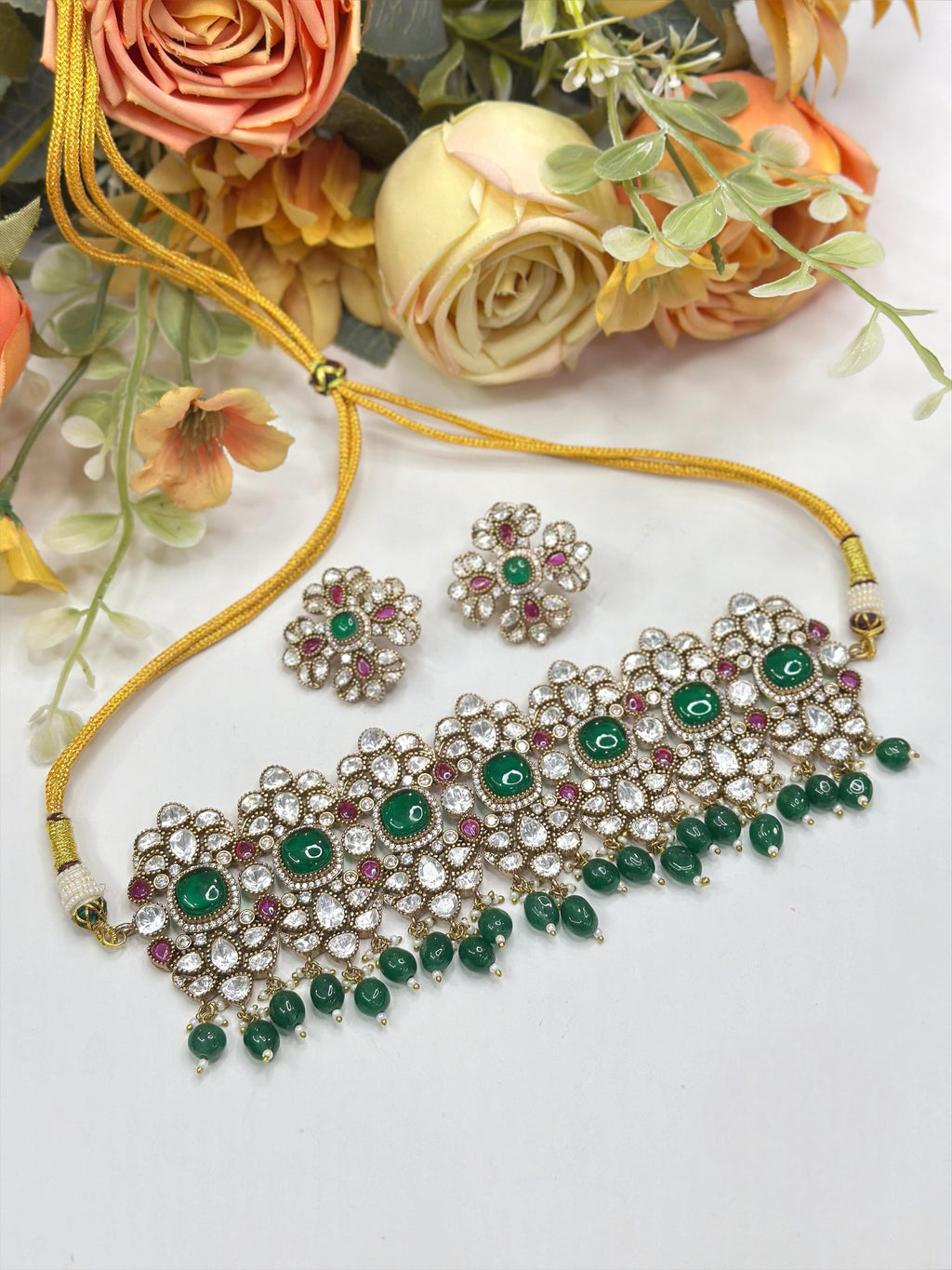 Luxury Kundan Choker Necklace Set with Matching Earrings | Indian Jewellery | Stones & Pearl Drops Jewellery Indian Neckles Set