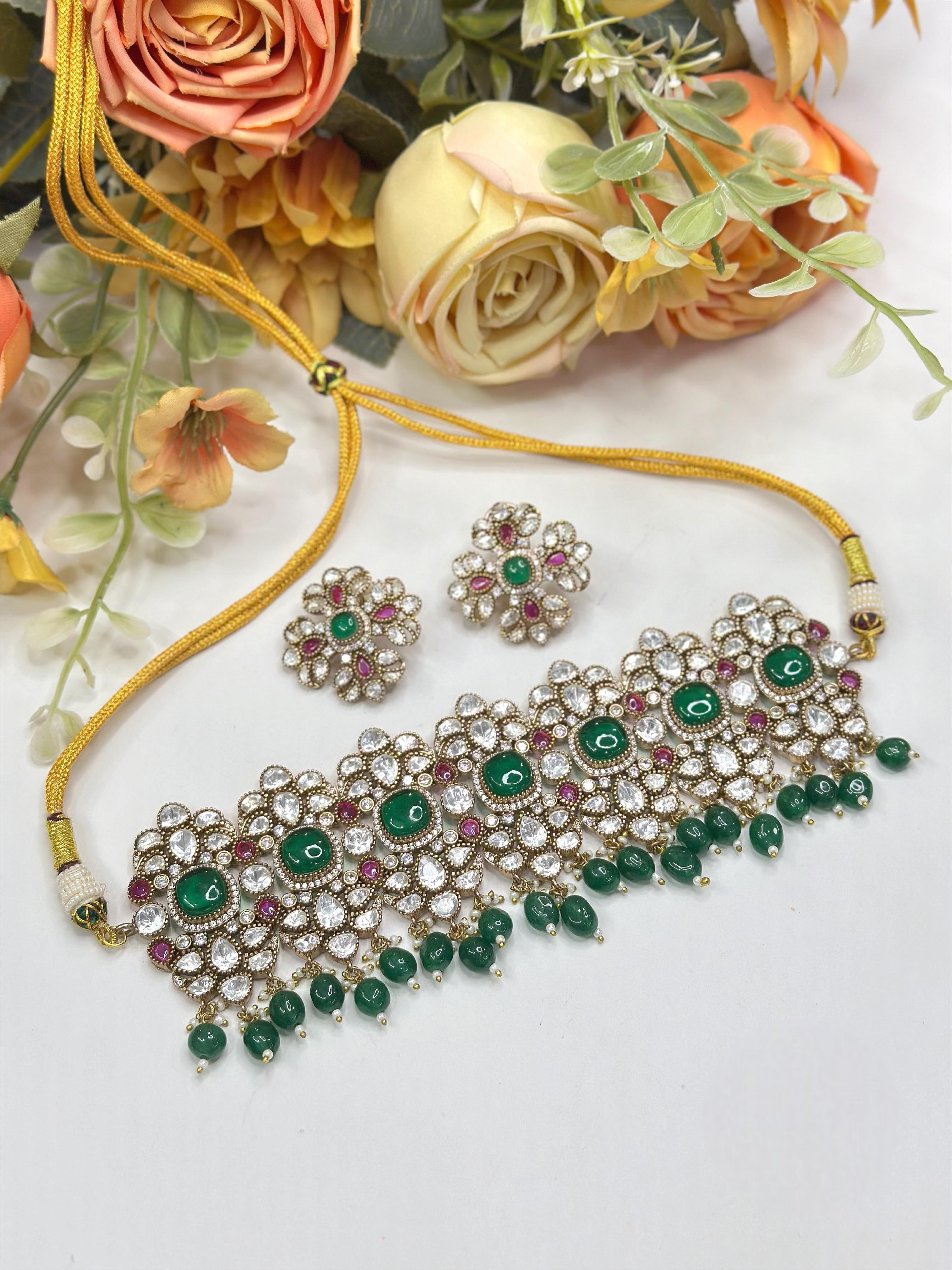 Luxury Kundan Choker Necklace Set with Matching Earrings | Indian Jewellery | Stones & Pearl Drops Jewellery Indian Neckles Set