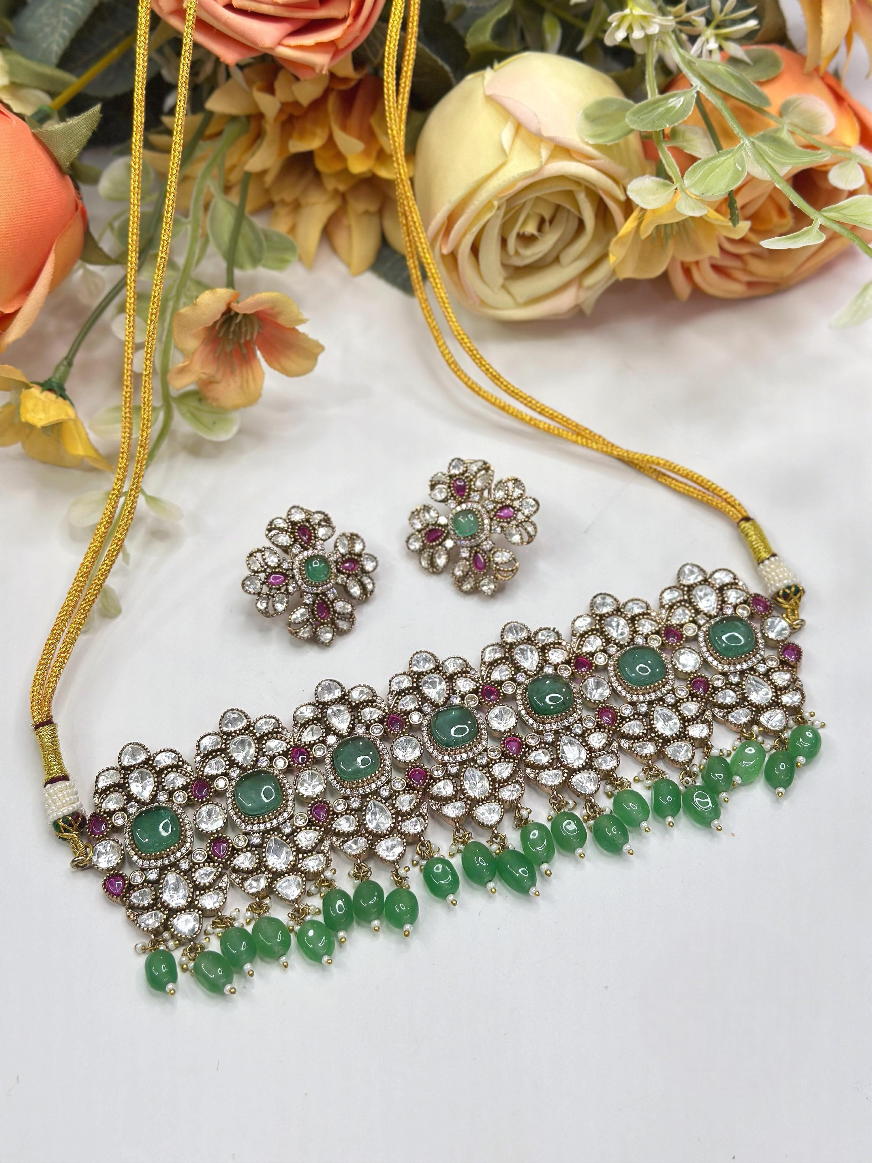Luxury Kundan Choker Necklace Set with Matching Earrings | Indian Jewellery | Stones & Pearl Drops Jewellery Indian Neckles Set