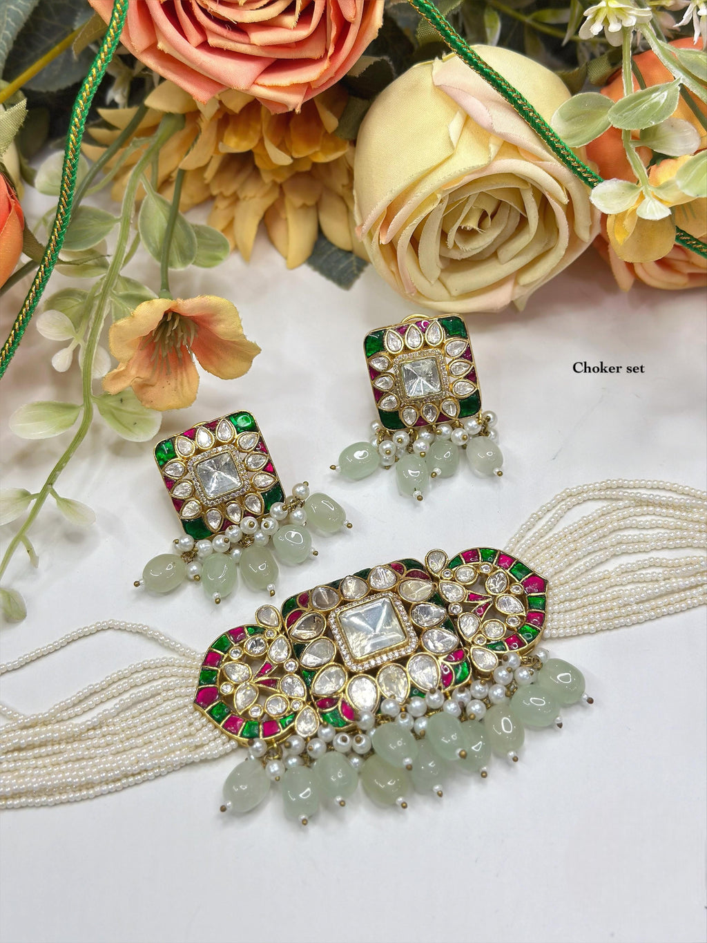 Pearl & Kundan Green Choker Necklace Set with Matching Earrings | Indian Jewellery | Pearl Jewellery Indian Neckles Set