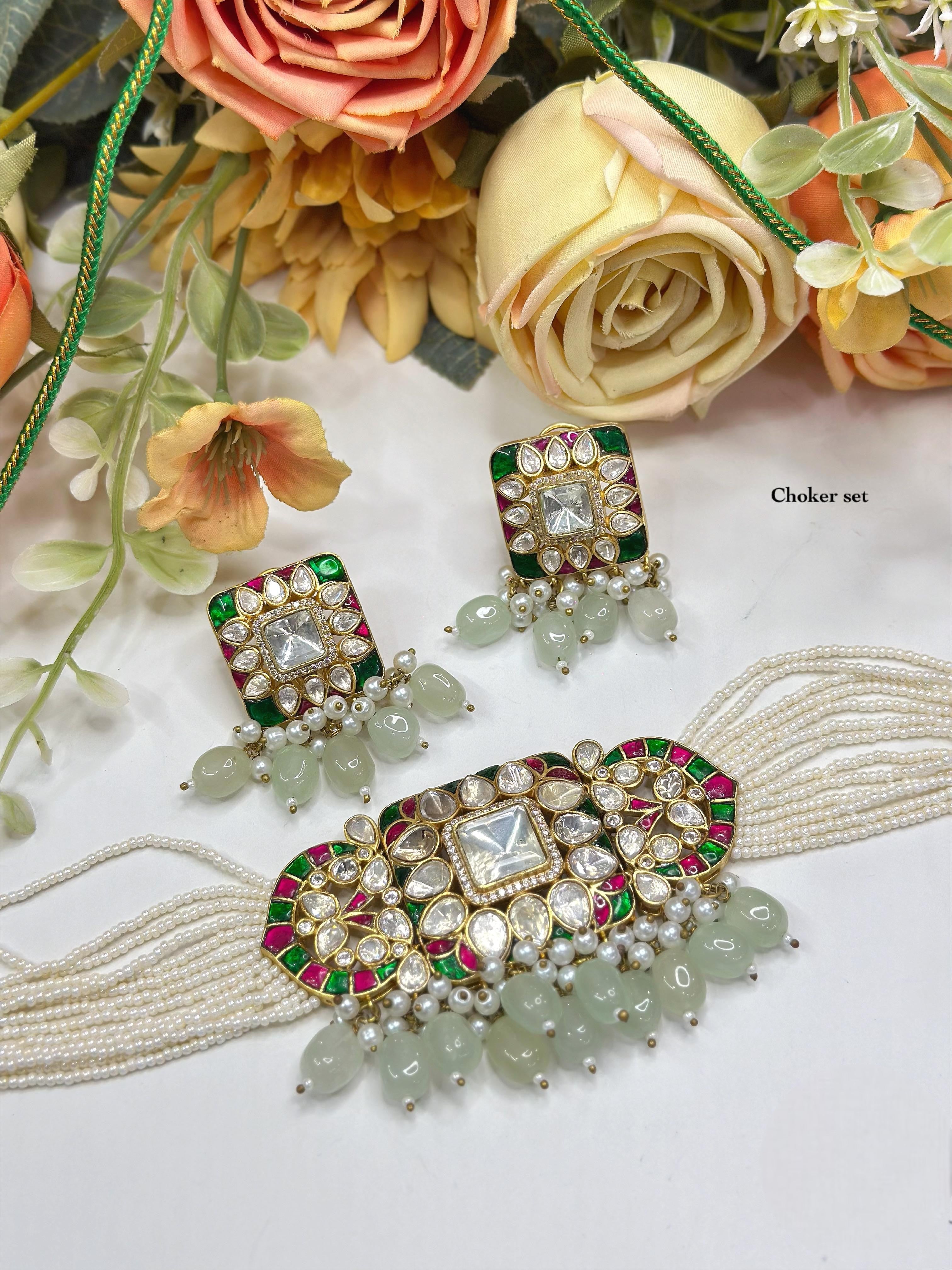 Pearl & Kundan Green Choker Necklace Set with Matching Earrings | Indian Jewellery | Pearl Jewellery Indian Neckles Set