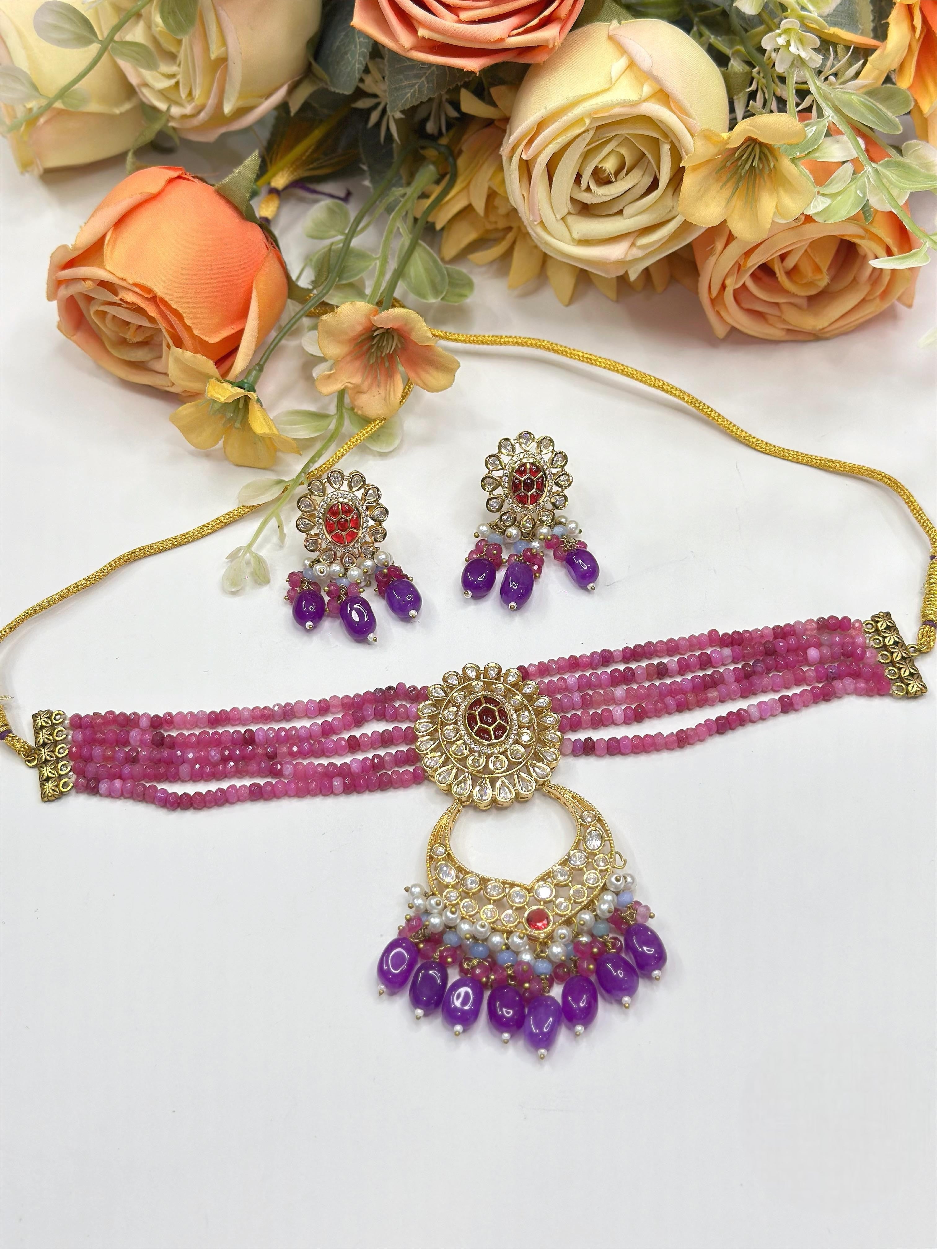 Royal Pink Beaded Choker Necklace Set with Matching Earrings | Indian Jewellery | Drops & Kundan Jewellery Indian Neckles Set