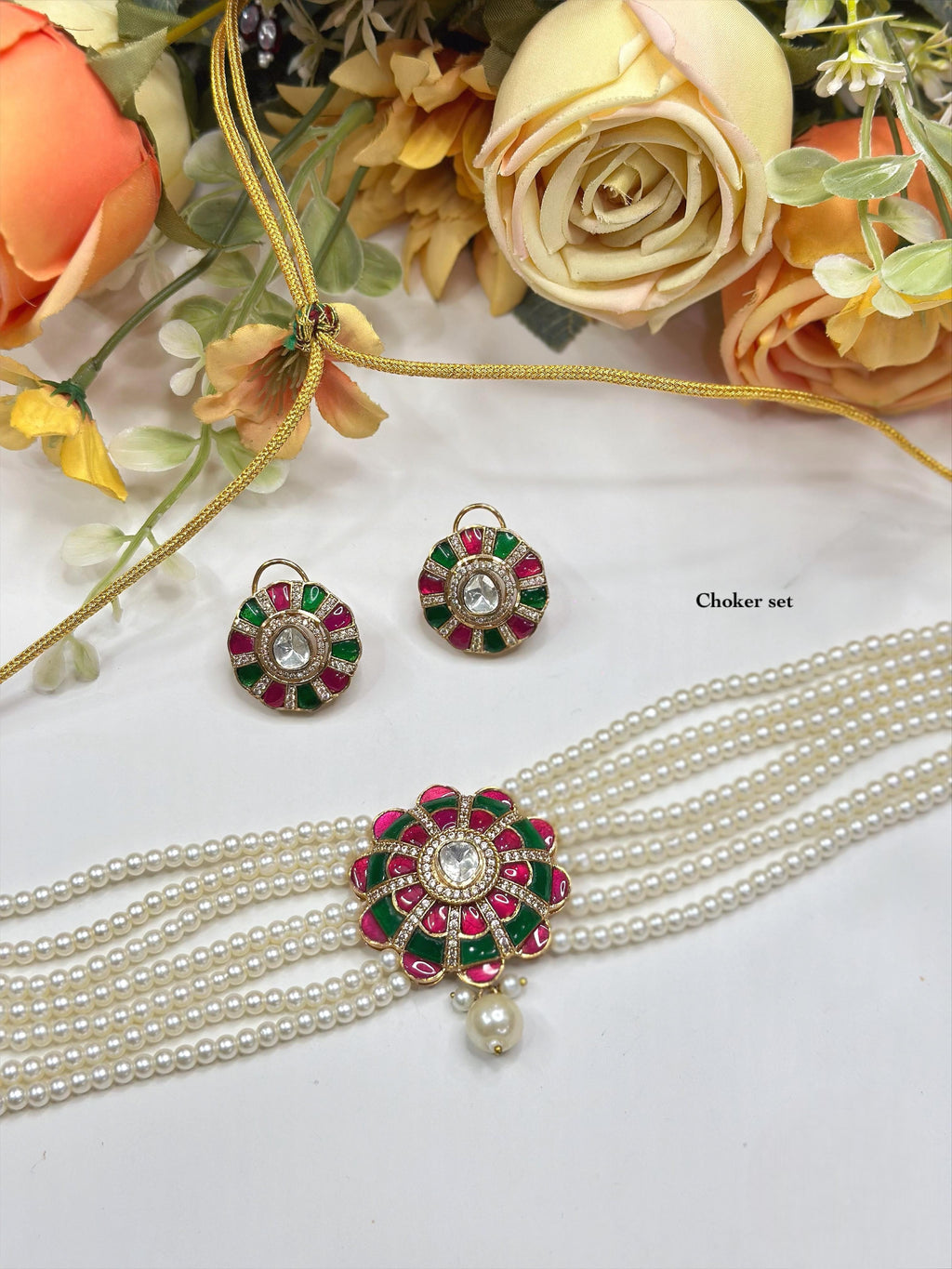 Elegant Pearl Strand Meenakari Floral Choker Set with Matching Earrings | Indian Jewellery | Pearl Jewellery Indian Neckles Set