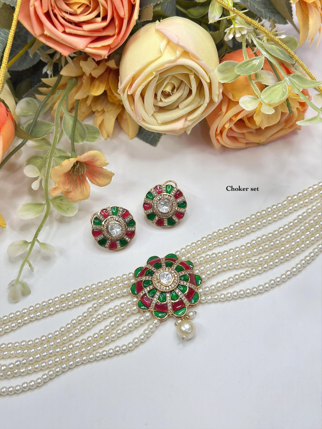 Elegant Pearl Strand Meenakari Floral Choker Set with Matching Earrings | Indian Jewellery | Pearl Jewellery Indian Neckles Set