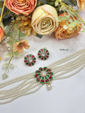 Elegant Pearl Strand Meenakari Floral Choker Set with Matching Earrings | Indian Jewellery | Pearl Jewellery Indian Neckles Set