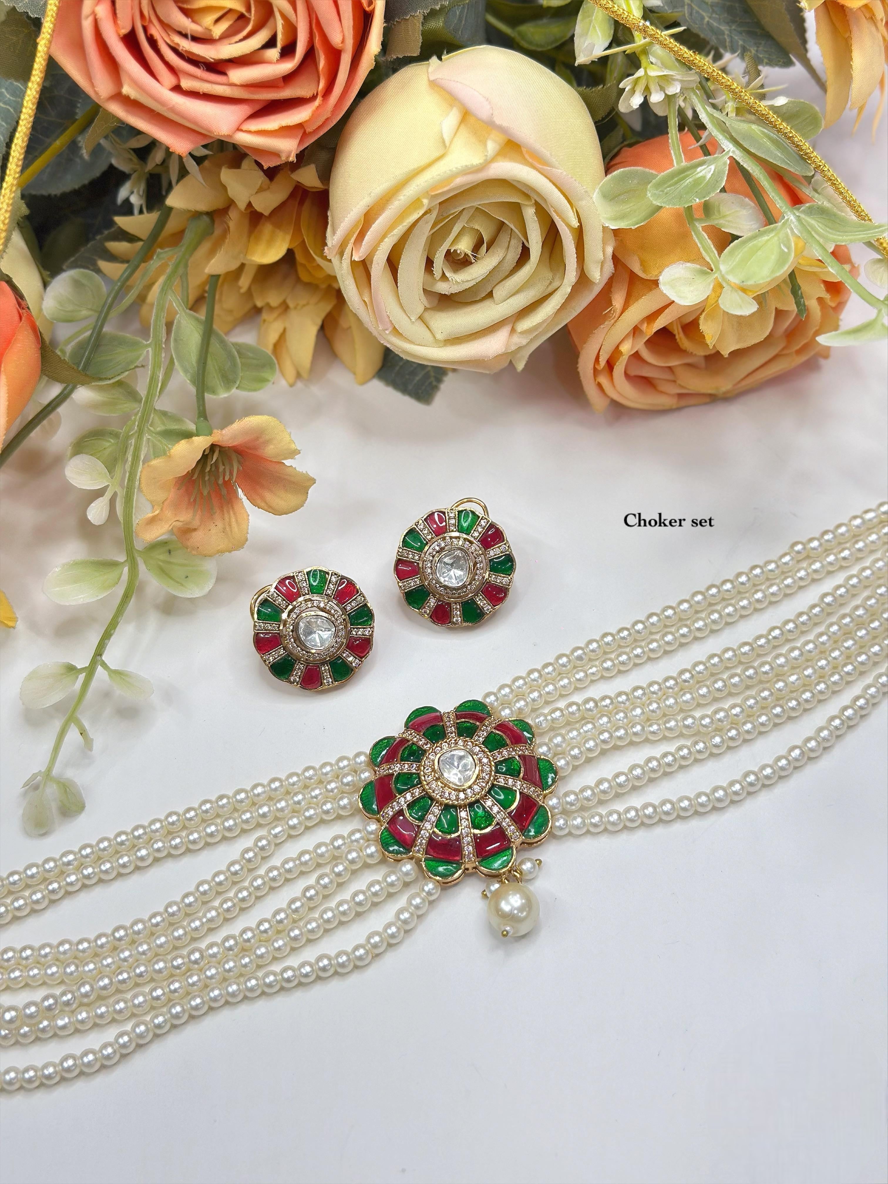 Elegant Pearl Strand Meenakari Floral Choker Set with Matching Earrings | Indian Jewellery | Pearl Jewellery Indian Neckles Set