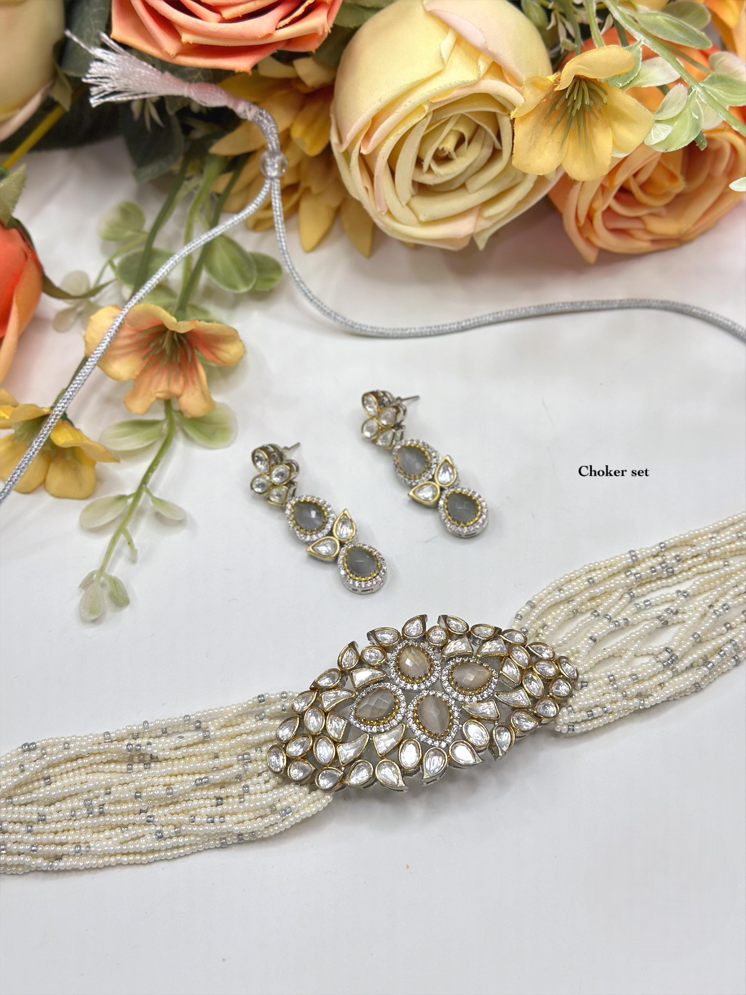 Pearl & Red Beaded Multi-Strand Choker Set with Matching Earrings | Indian Jewellery | Pearl Jewellery Indian Neckles Set