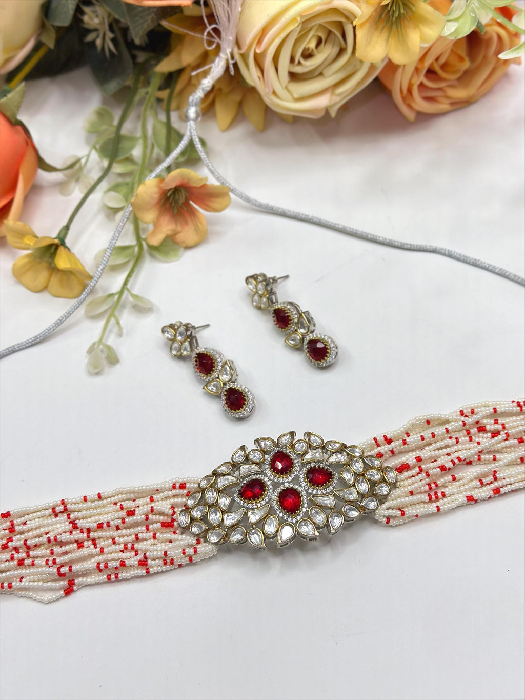 Pearl & Red Beaded Multi-Strand Choker Set with Matching Earrings | Indian Jewellery | Pearl Jewellery Indian Neckles Set