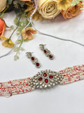 Pearl & Red Beaded Multi-Strand Choker Set with Matching Earrings | Indian Jewellery | Pearl Jewellery Indian Neckles Set