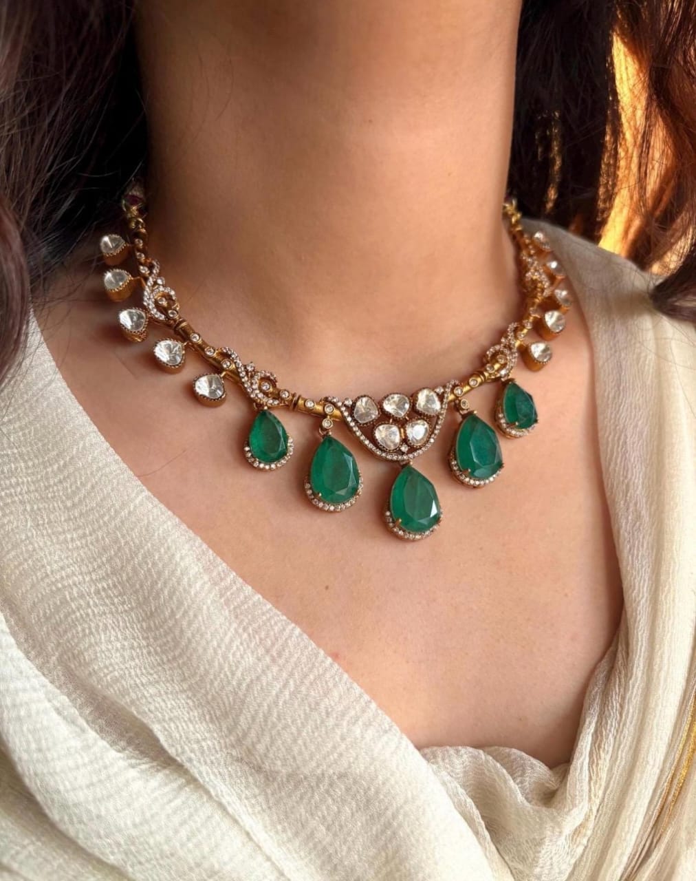 Emerald Dewdrops Choker Necklace Set with Matching Earrings | Indian Jewellery | Kundan Jewellery Indian Neckles Set