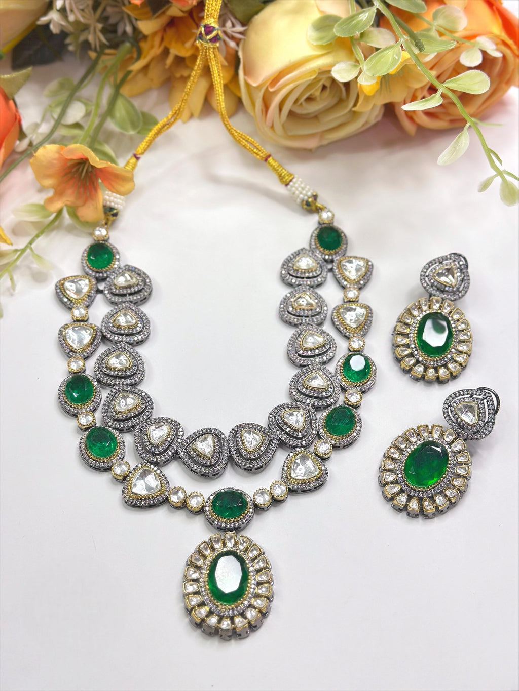 Polki Necklace Set with Matching Earrings | Kundan & AD Stone Indian Jewellery | Traditional Indian Necklace Set