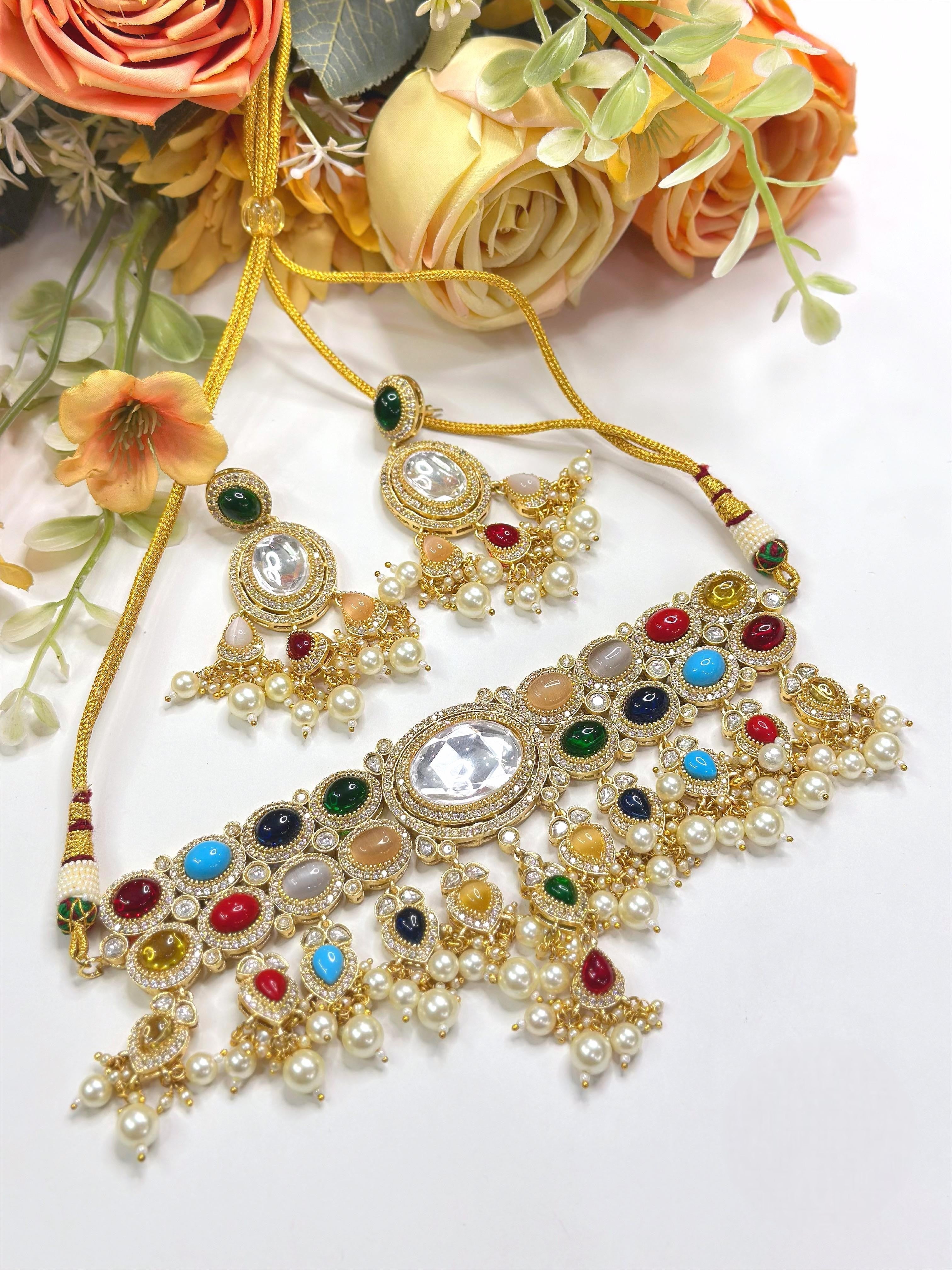 Multicolor Kundan Choker Necklace Set with Matching Earrings | Kundan Indian Jewellery | Traditional Indian Necklace Set