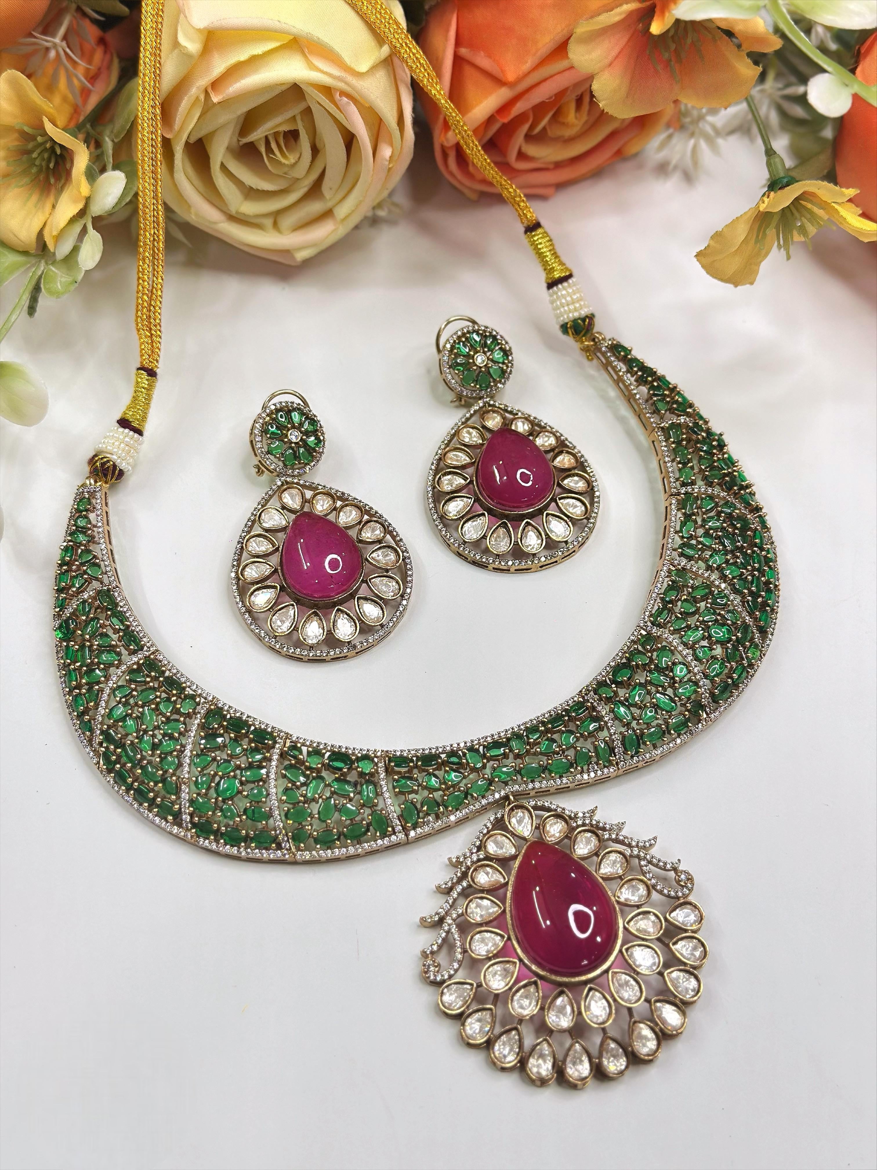 Emerald Choker Necklace Set with Pendant & Earrings | Sparkling Indian Jewellery | Elegant Indian Necklace Set