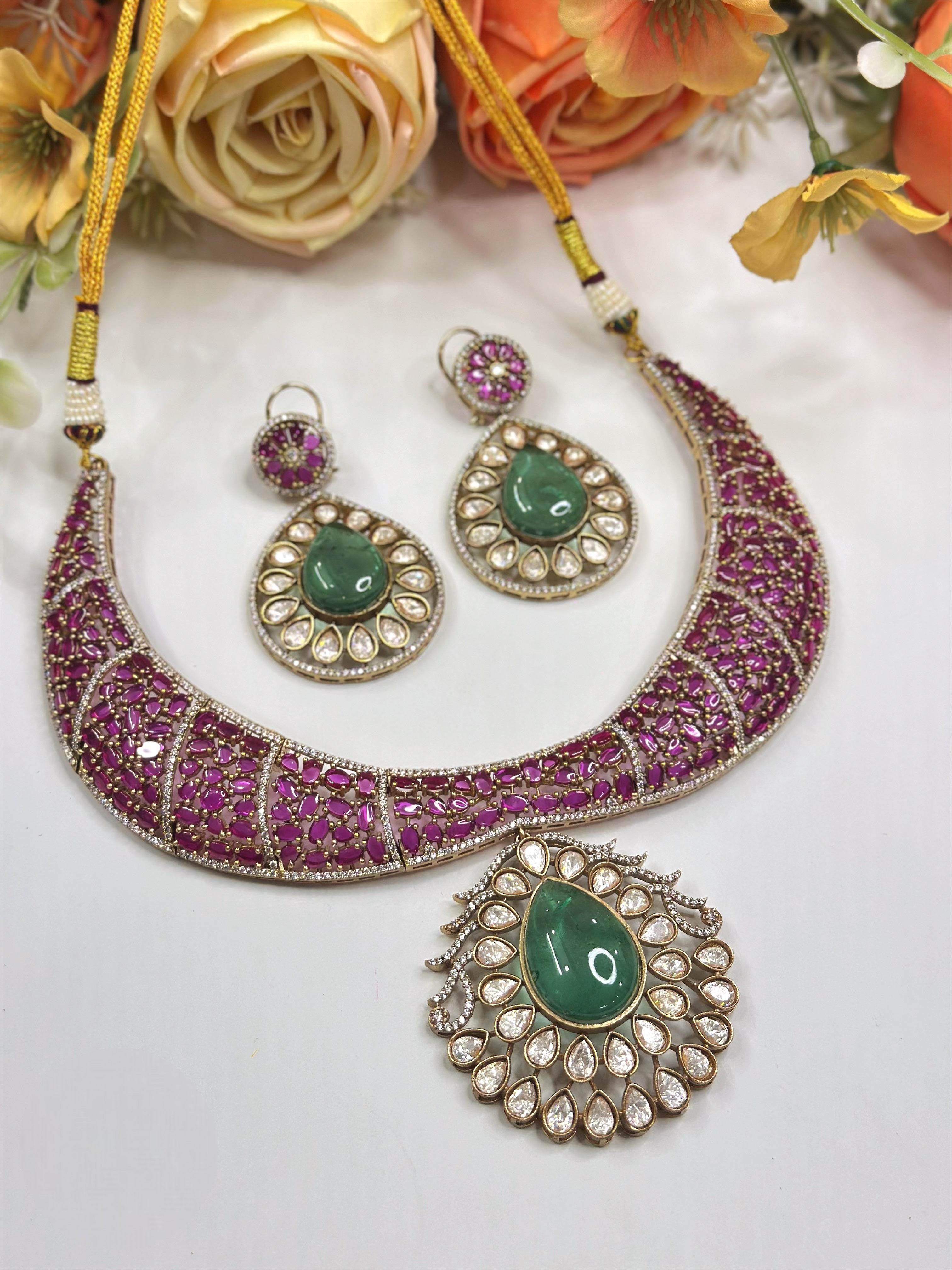 Emerald Choker Necklace Set with Pendant & Earrings | Sparkling Indian Jewellery | Elegant Indian Necklace Set