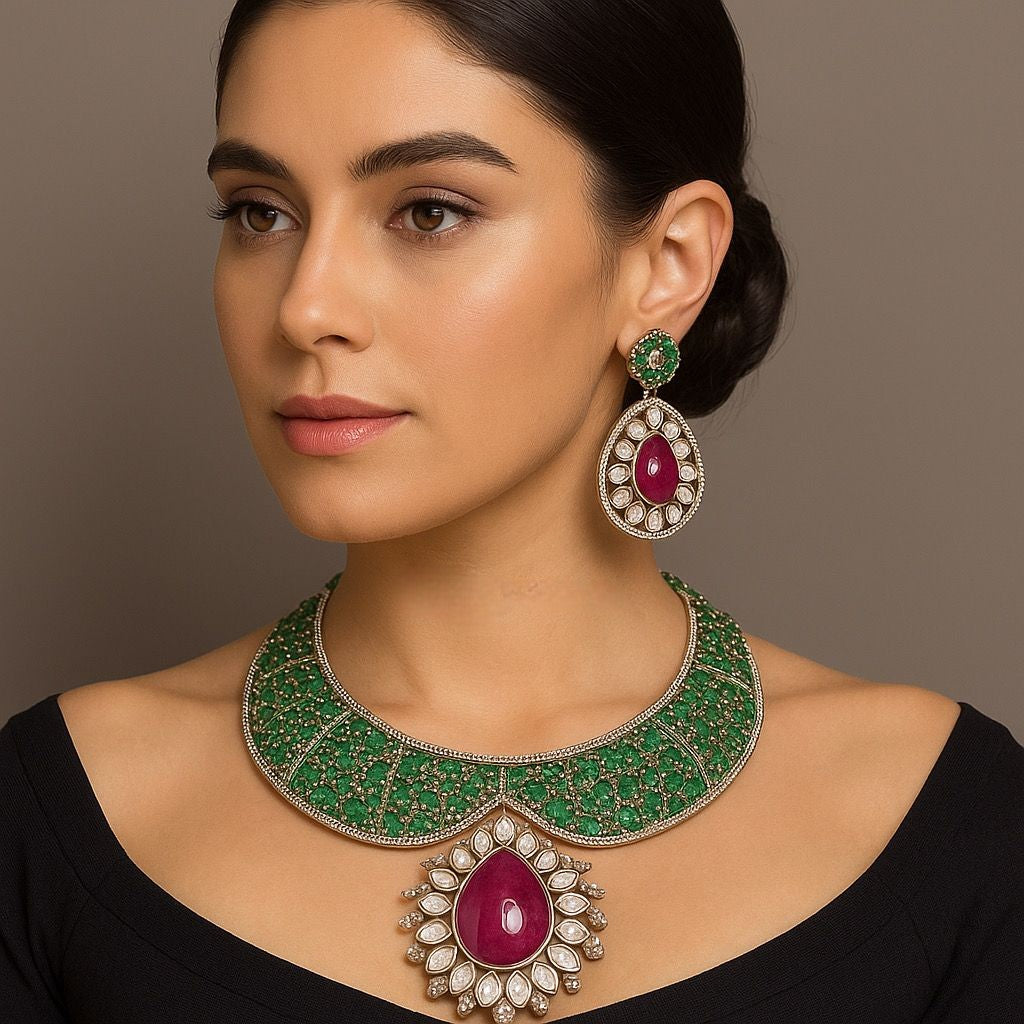 Emerald Choker Necklace Set with Pendant & Earrings | Sparkling Indian Jewellery | Elegant Indian Necklace Set