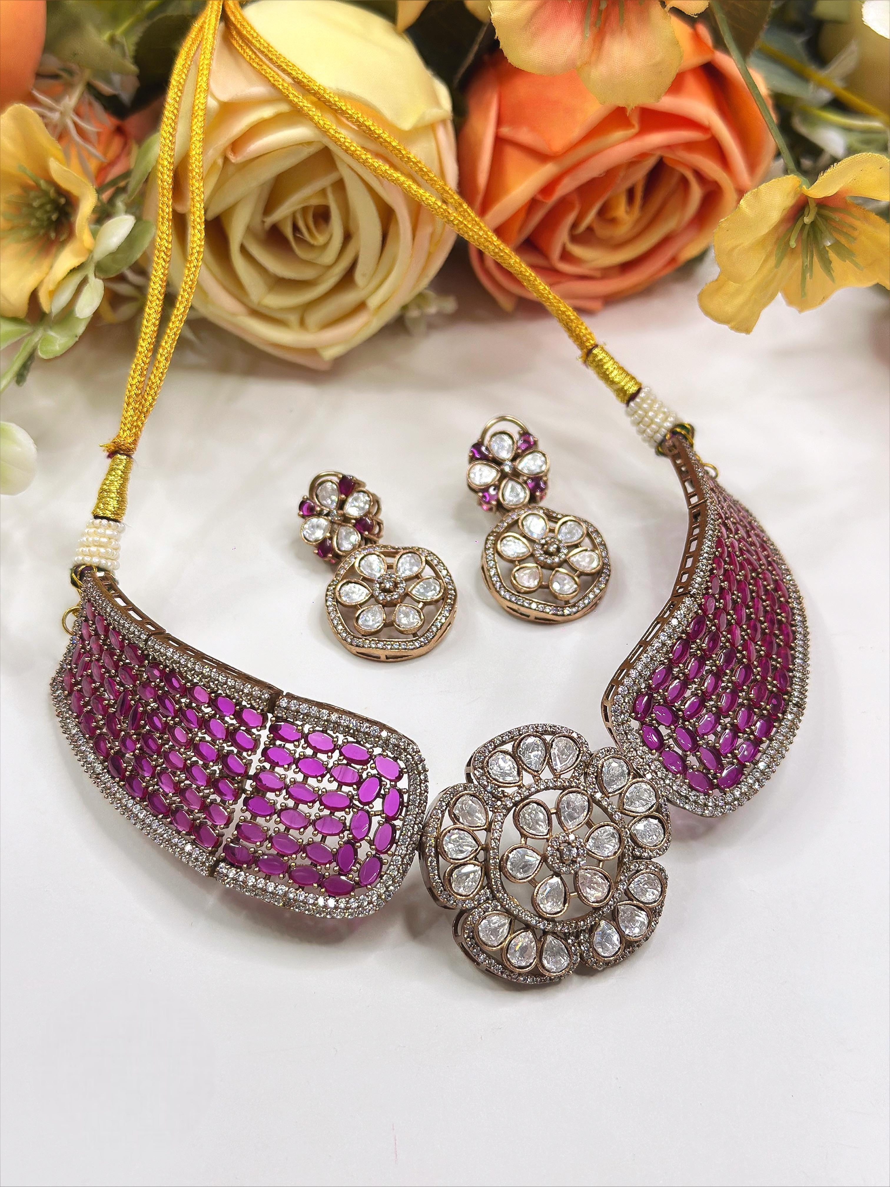 Enamel Designer Choker Necklace Set with Earrings | Sparkling Indian Jewellery | Stylish Indian Necklace Set for Women