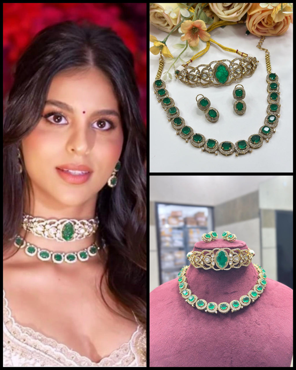 Bollywood Actress Suhana Khan–Inspired Polki Choker Necklace Set | Polki Indian Jewellery | Designer Indian Necklace & Earrings Set