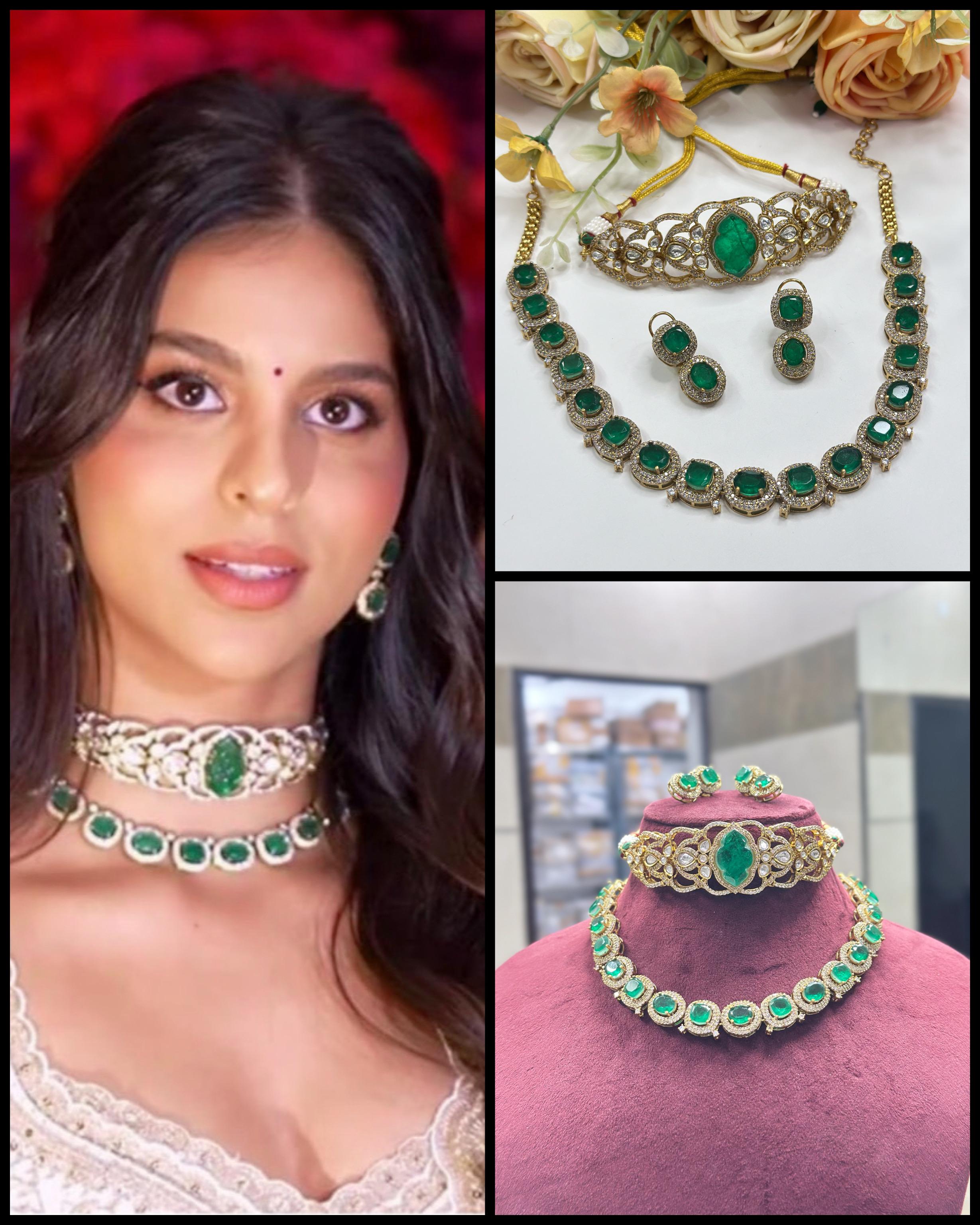 Bollywood Actress Suhana Khan–Inspired Polki Choker Necklace Set | Polki Indian Jewellery | Designer Indian Necklace & Earrings Set