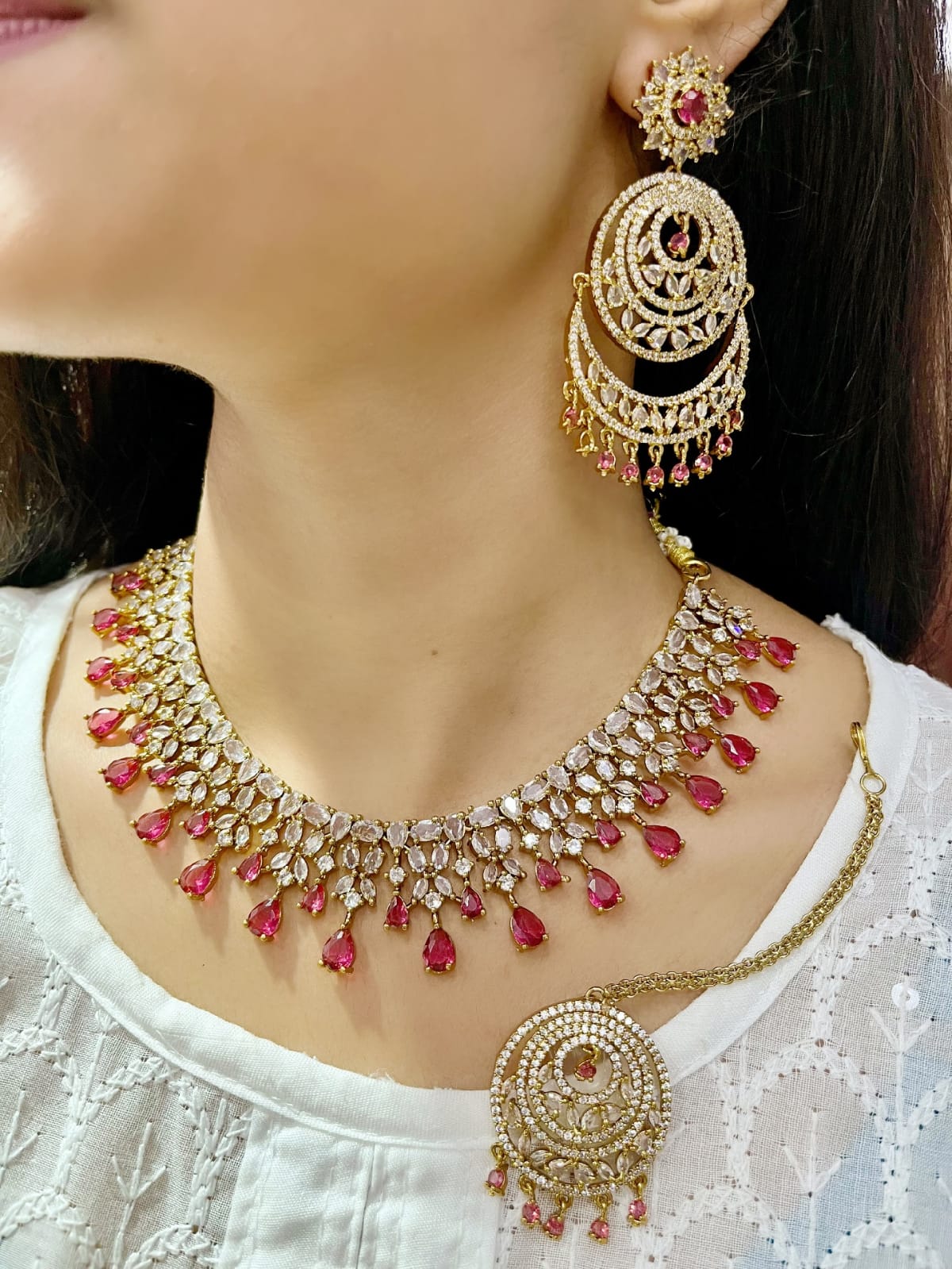 Emerald Green CZ Necklace Set with Chandbali Earrings & Maang Tikka | Kundan Indian Jewellery | Indian Necklace Set