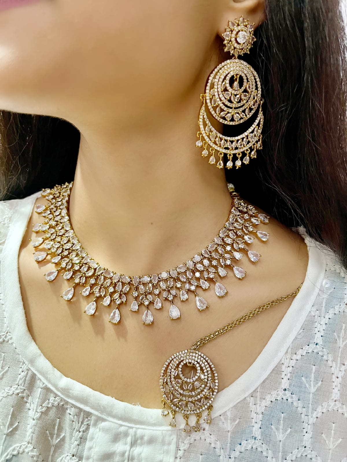 Emerald Green CZ Necklace Set with Chandbali Earrings & Maang Tikka | Kundan Indian Jewellery | Indian Necklace Set