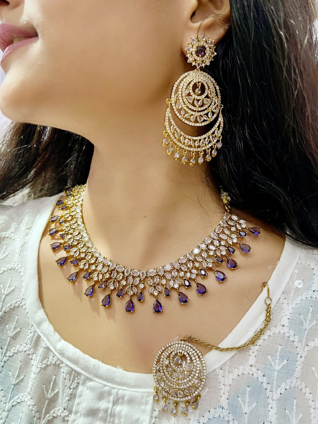 Emerald Green CZ Necklace Set with Chandbali Earrings & Maang Tikka | Kundan Indian Jewellery | Indian Necklace Set