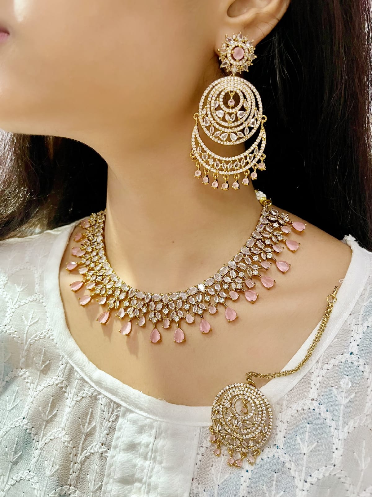 Emerald Green CZ Necklace Set with Chandbali Earrings & Maang Tikka | Kundan Indian Jewellery | Indian Necklace Set
