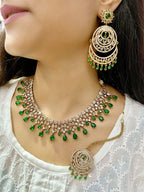 Emerald Green CZ Necklace Set with Chandbali Earrings & Maang Tikka | Kundan Indian Jewellery | Indian Necklace Set