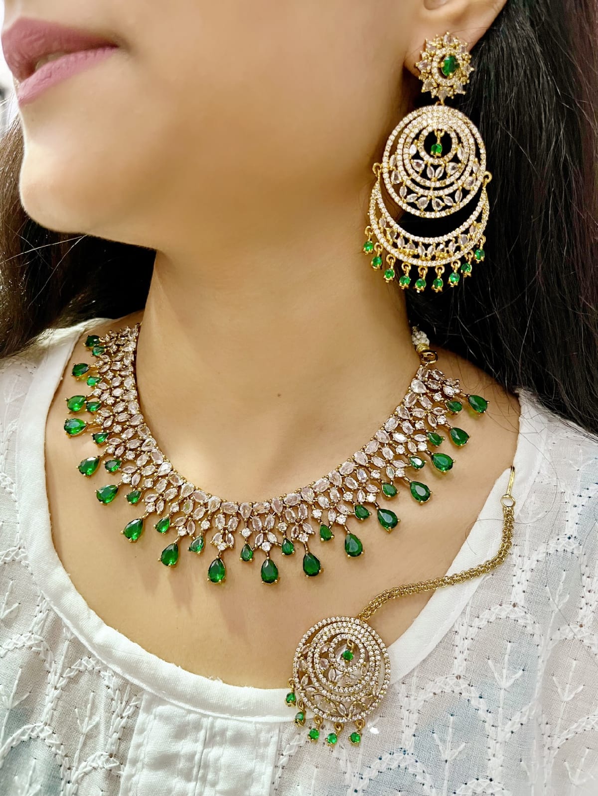 Emerald Green CZ Necklace Set with Chandbali Earrings & Maang Tikka | Kundan Indian Jewellery | Indian Necklace Set
