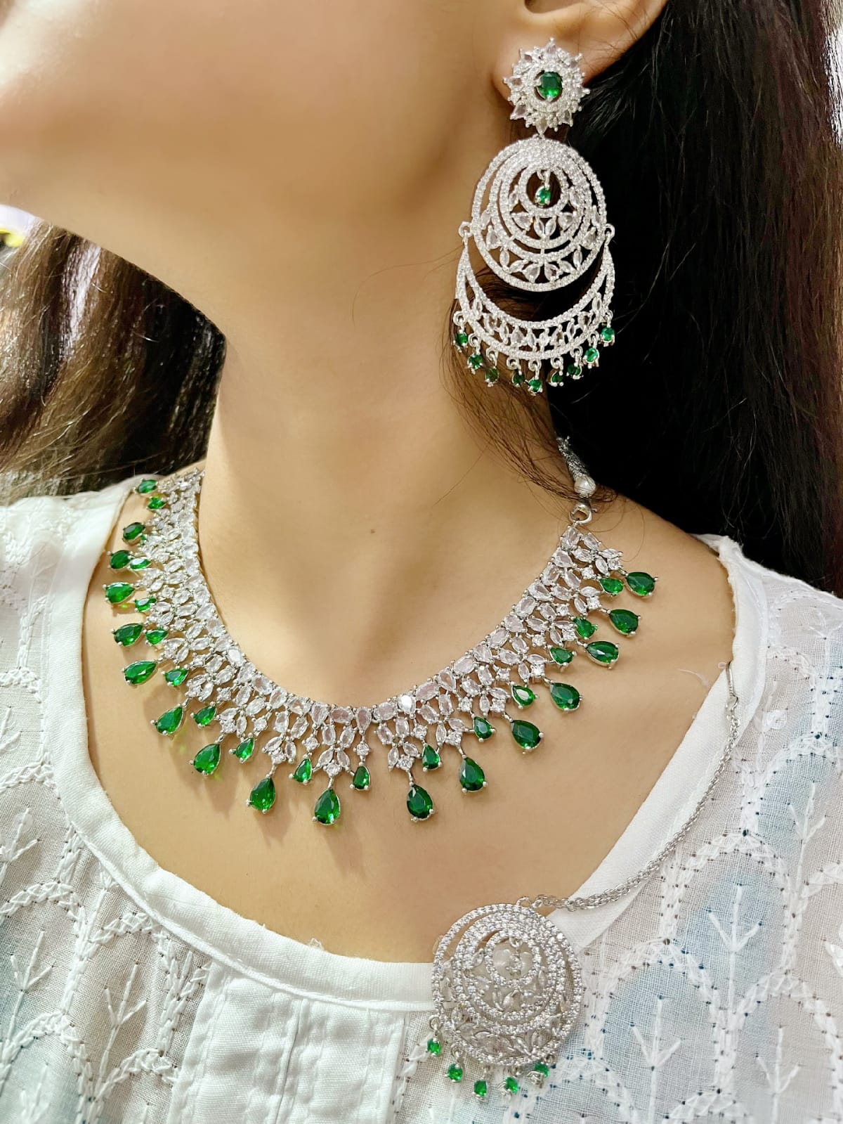 Emerald Green CZ Necklace Set with Earrings & Maang Tikka | Kundan Indian Jewellery | Indian Necklace Set for Women