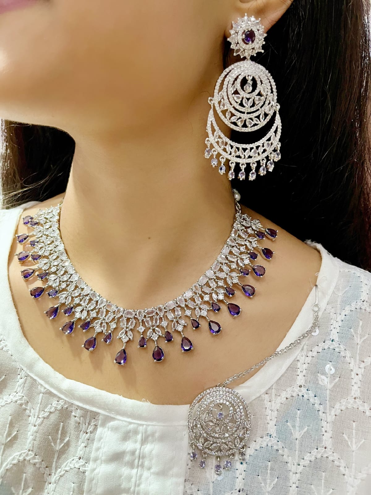 Emerald Green CZ Necklace Set with Earrings & Maang Tikka | Kundan Indian Jewellery | Indian Necklace Set for Women