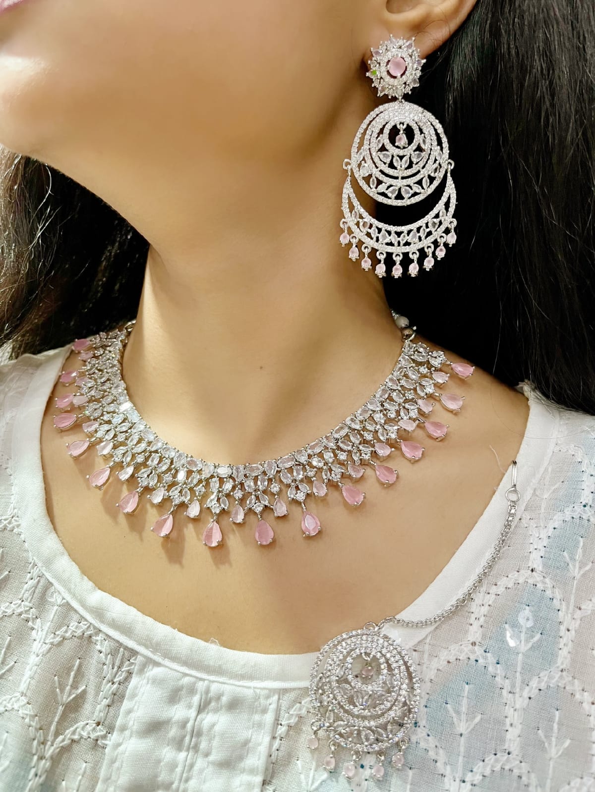 Emerald Green CZ Necklace Set with Earrings & Maang Tikka | Kundan Indian Jewellery | Indian Necklace Set for Women