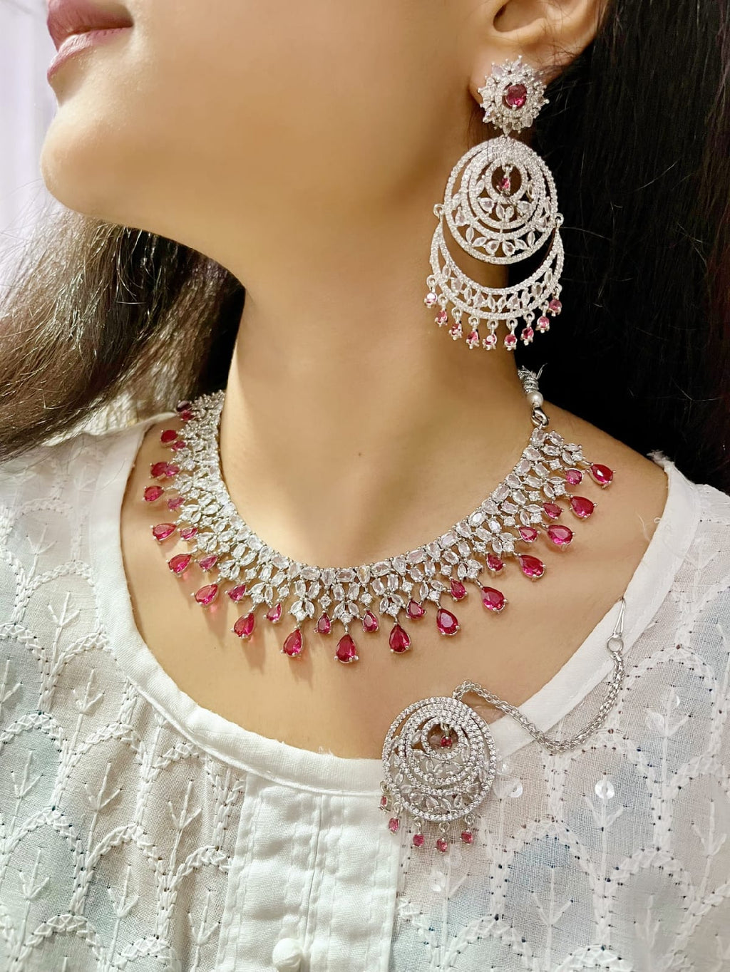 Emerald Green CZ Necklace Set with Earrings & Maang Tikka | Kundan Indian Jewellery | Indian Necklace Set for Women