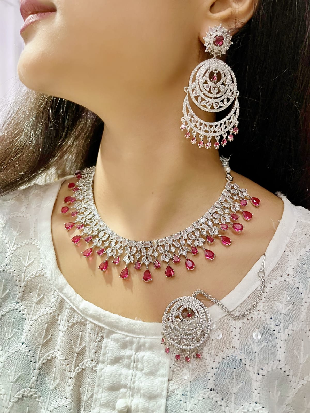 Emerald Green CZ Necklace Set with Earrings & Maang Tikka | Kundan Indian Jewellery | Indian Necklace Set for Women
