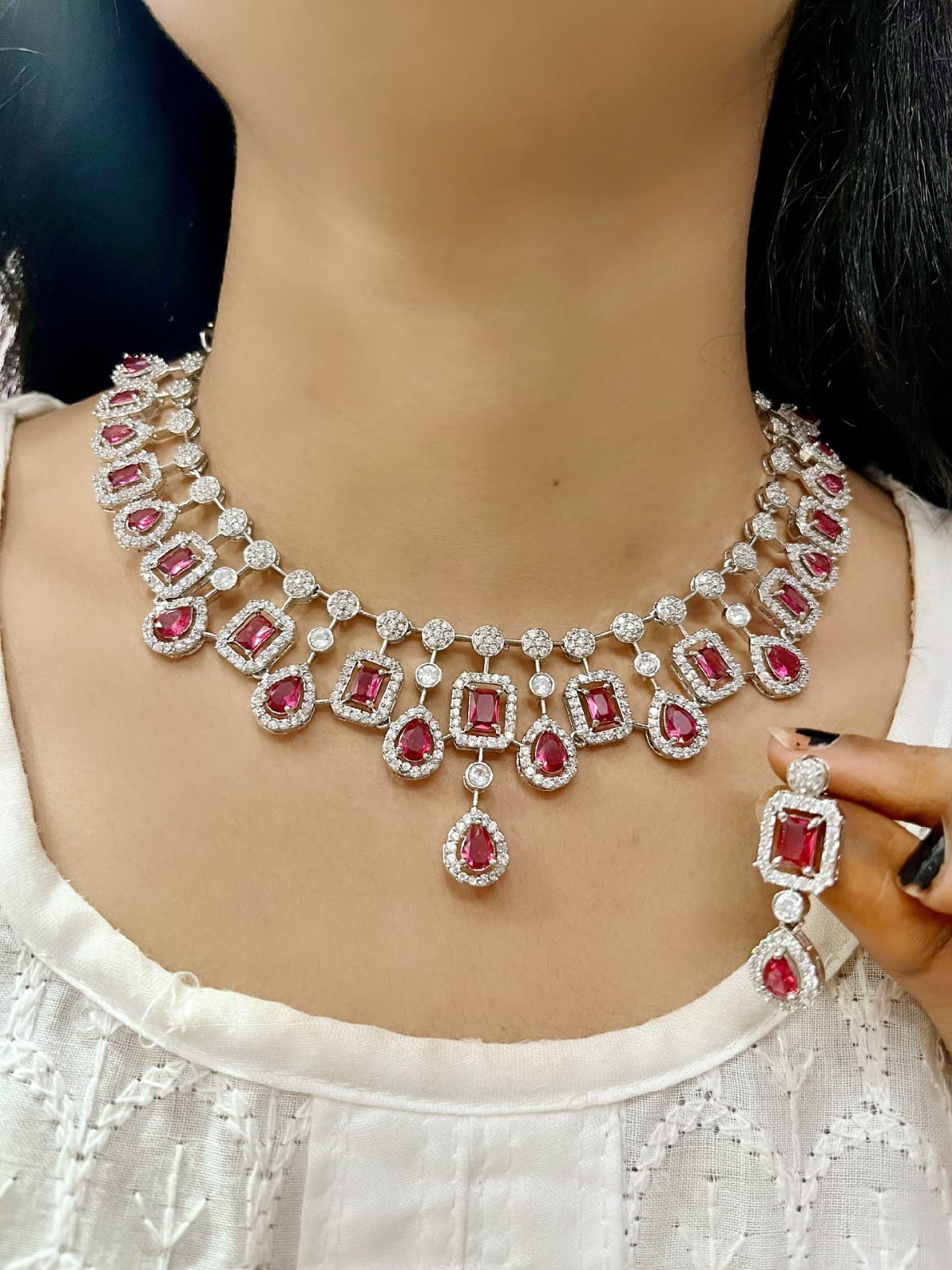 Diamond Choker Necklace Set with Earrings | Indian Jewellery | Premium CZ Diamond Jewellery Indian Neckles Set