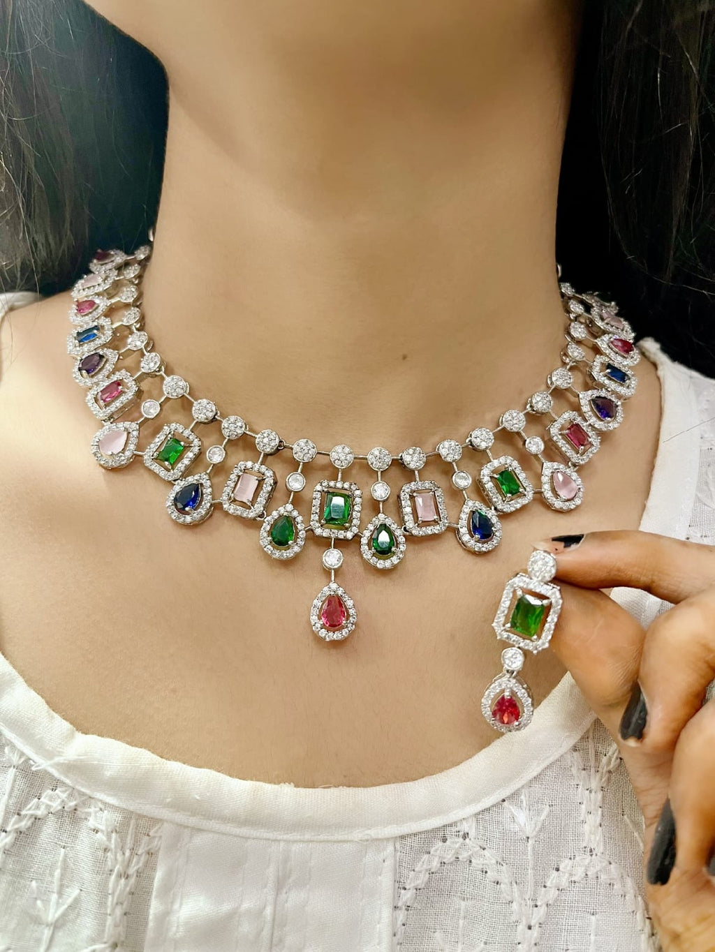 Diamond Choker Necklace Set with Earrings | Indian Jewellery | Premium CZ Diamond Jewellery Indian Neckles Set