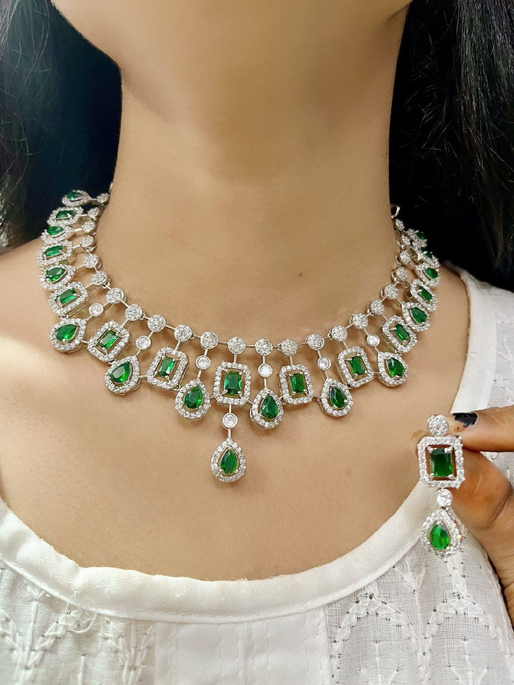 Diamond Choker Necklace Set with Earrings | Indian Jewellery | Premium CZ Diamond Jewellery Indian Neckles Set