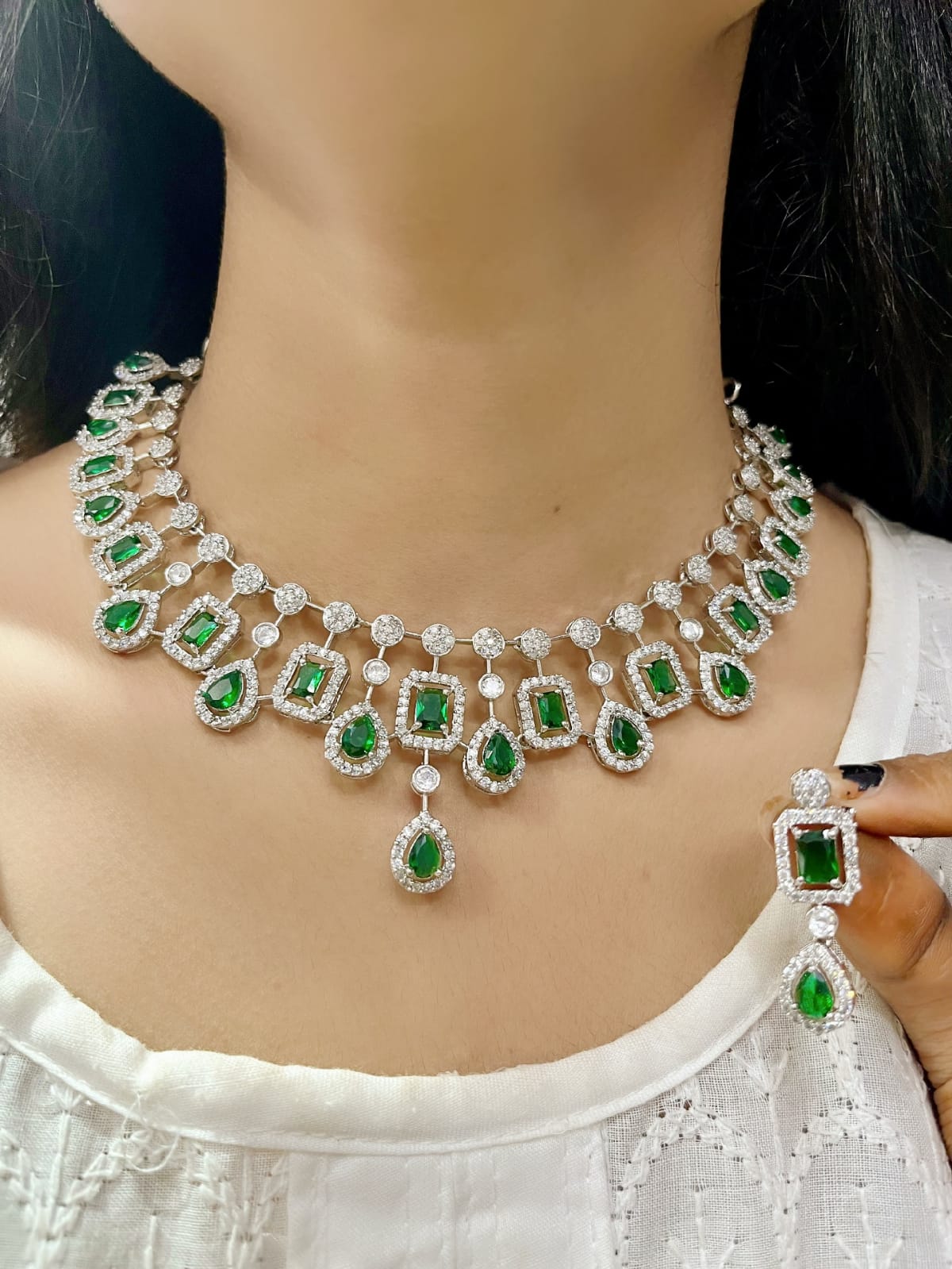 Diamond Choker Necklace Set with Earrings | Indian Jewellery | Premium CZ Diamond Jewellery Indian Neckles Set