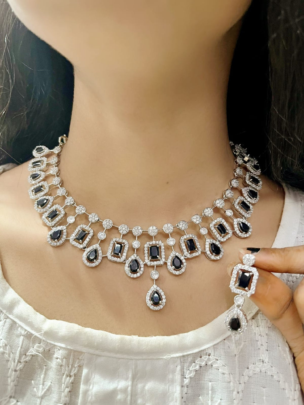Diamond Choker Necklace Set with Earrings | Indian Jewellery | Premium CZ Diamond Jewellery Indian Neckles Set