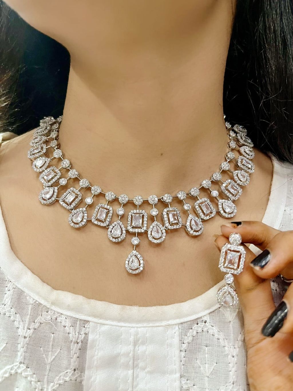 Diamond Choker Necklace Set with Earrings | Indian Jewellery | Premium CZ Diamond Jewellery Indian Neckles Set