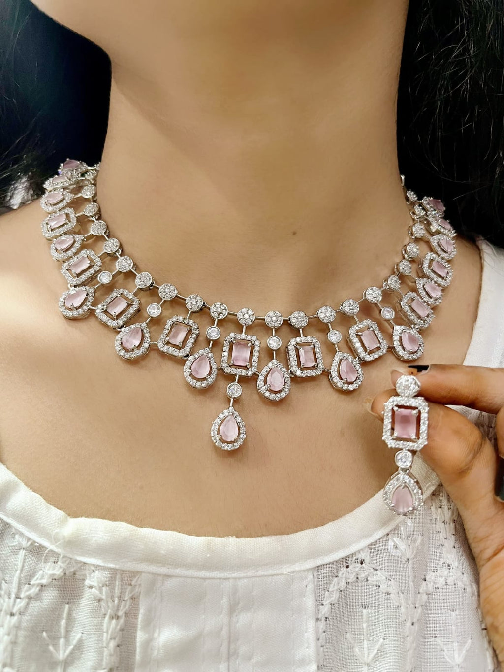 Diamond Choker Necklace Set with Earrings | Indian Jewellery | Premium CZ Diamond Jewellery Indian Neckles Set