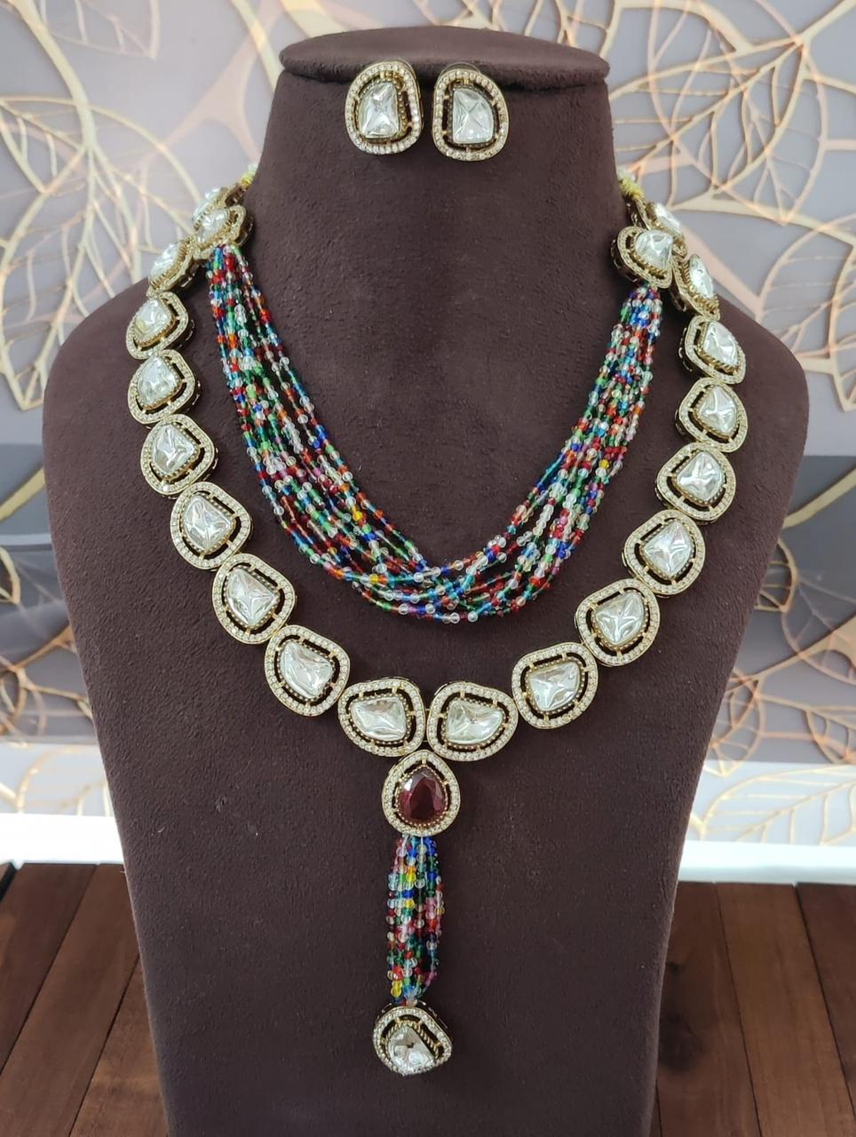 Beaded Kundan Necklace Set with Earrings | Indian Jewellery | Premium Beaded Kundan Jewellery Indian Neckles Set