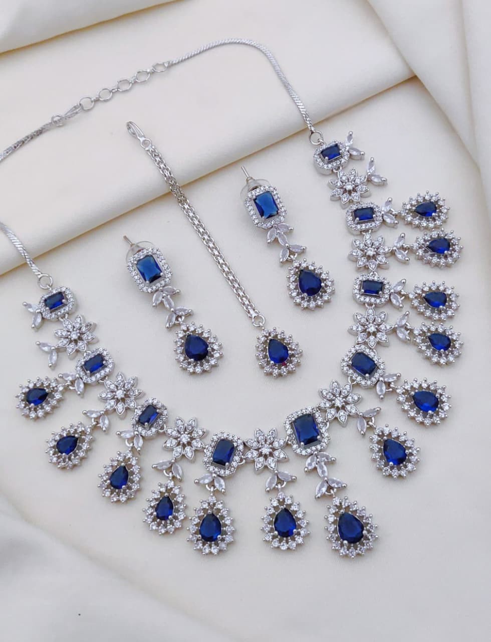 Multicolor CZ Stone Bridal Jewelry Set with Maang Tikka & Earrings | Indian Jewellery | Premium Stone Jewellery Indian Neckles Set