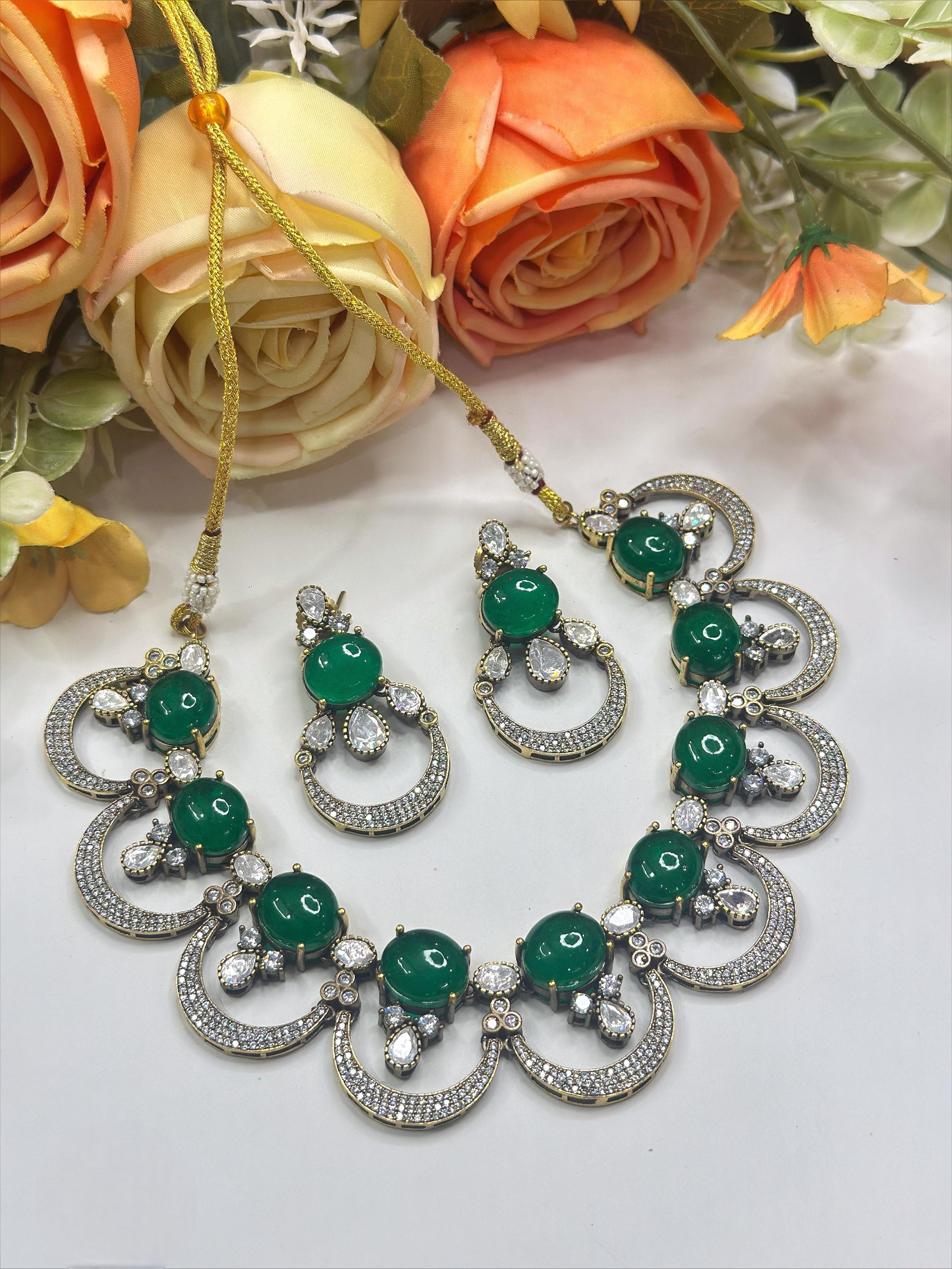 Royal Green Stone Necklace & Earrings Set | Indian Jewellery | Stone Jewellery | Indian Necklace Set
