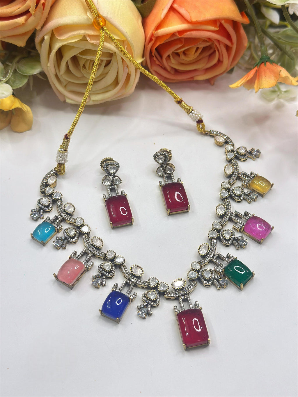 Gemstone Necklace & Earrings Set | Indian Jewellery | Jewellery | Indian Necklace Set
