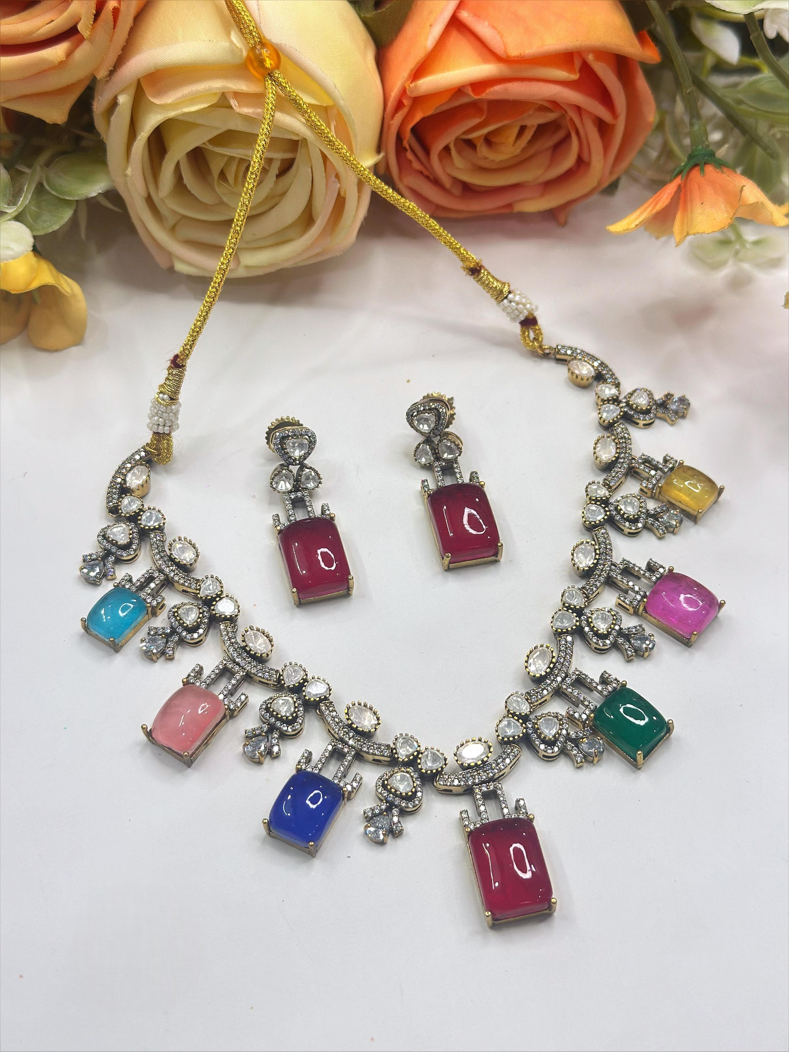 Gemstone Necklace & Earrings Set | Indian Jewellery | Jewellery | Indian Necklace Set
