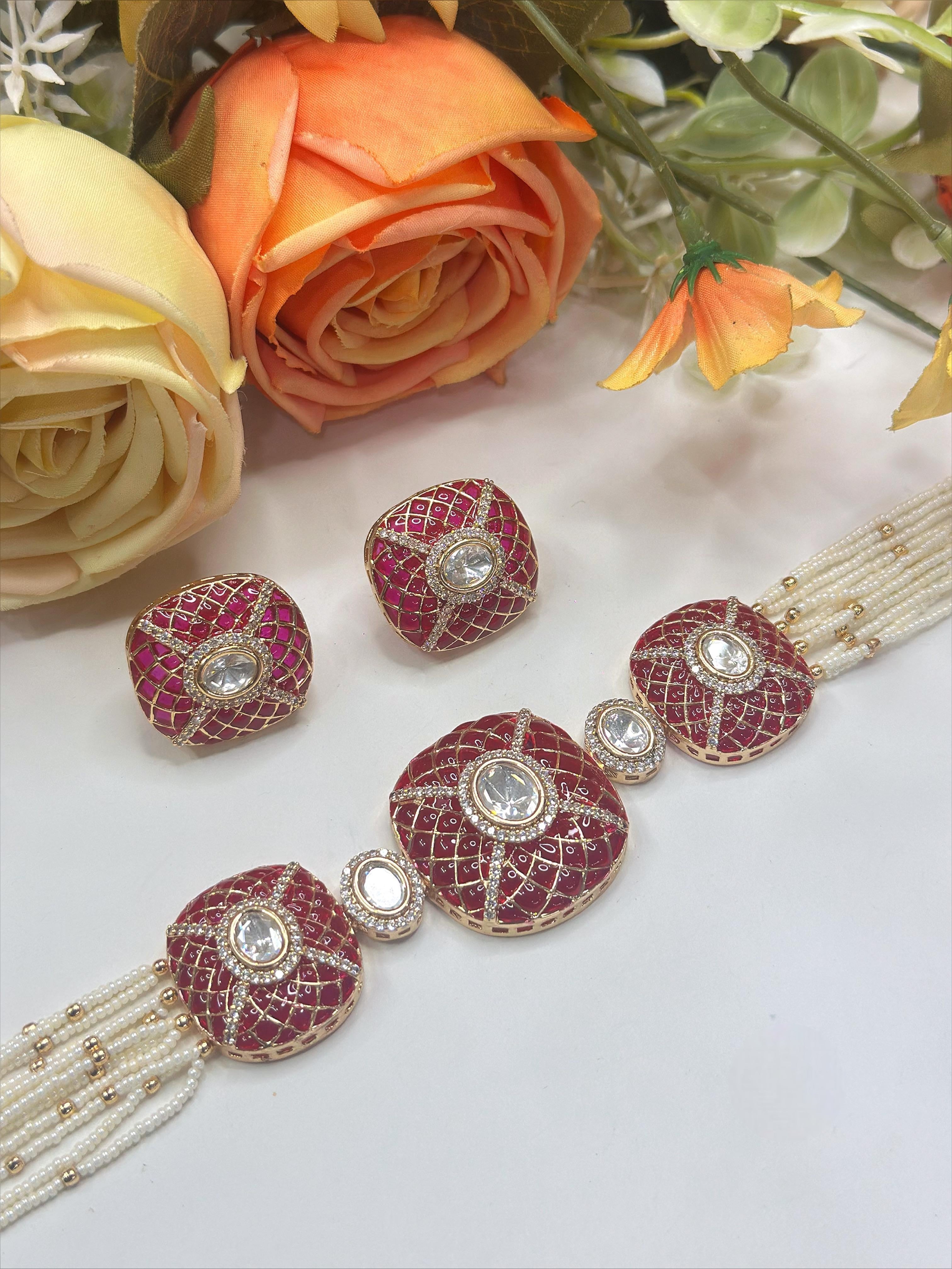 Pearl Beaded Choker Necklace with Earrings | Indian Jewellery | Pearl Jewellery | Indian Necklace Set