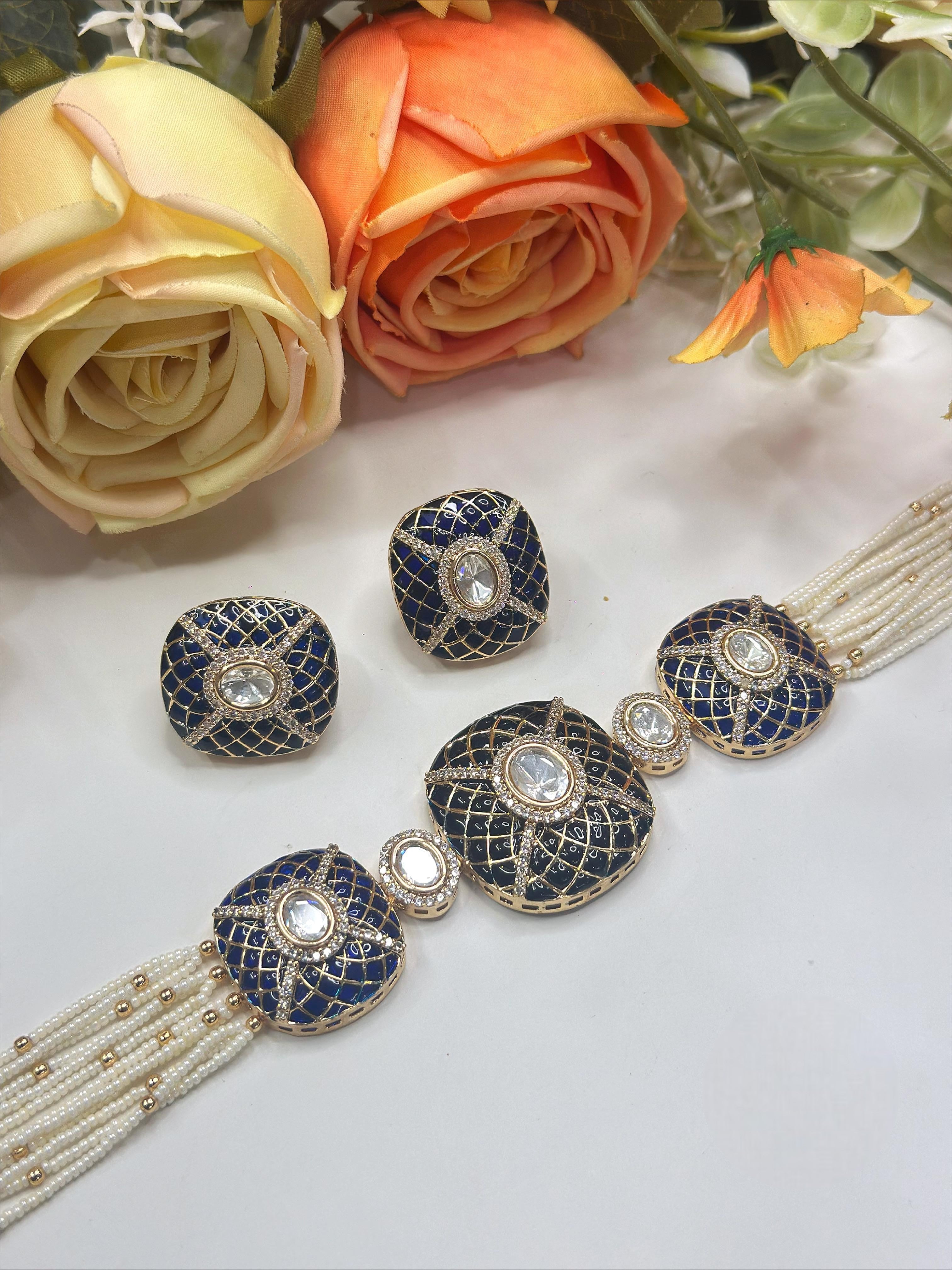 Pearl Beaded Choker Necklace with Earrings | Indian Jewellery | Pearl Jewellery | Indian Necklace Set