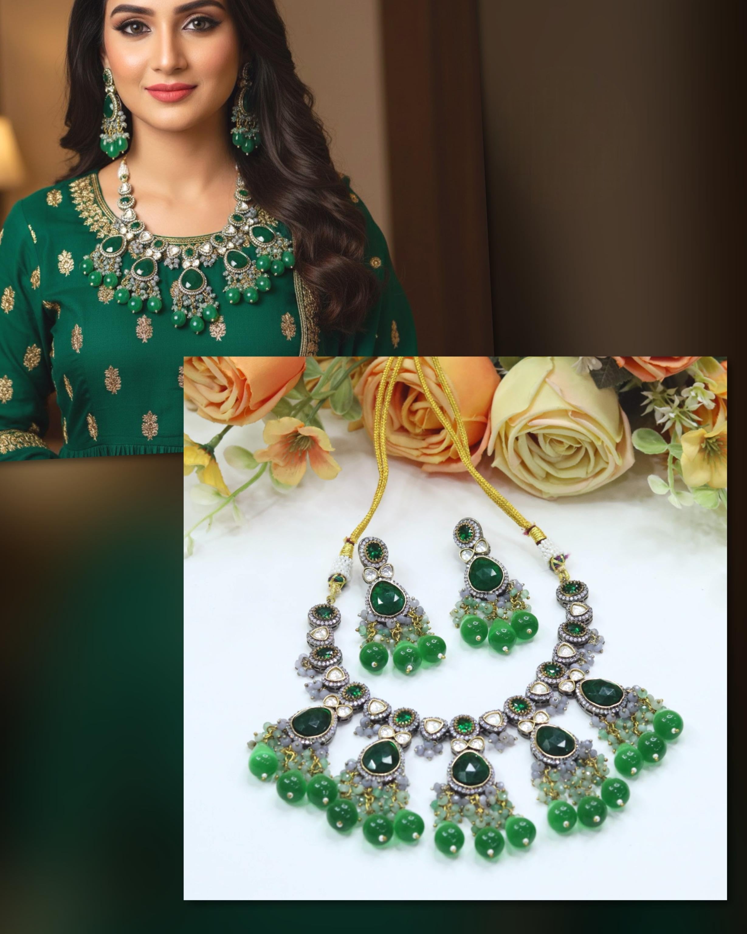 Green Kundan Bridal Necklace Set | Indian Jewellery | Beautiful Kundan Jewellery | Indian Necklace Set With Earrings Set