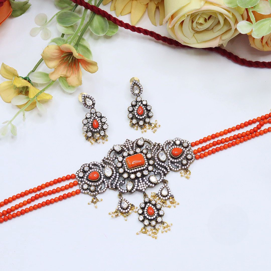 Beaded Choker Necklace Set with Earrings | Indian Jewellery | Beads Jewellery | Indian Necklace Set